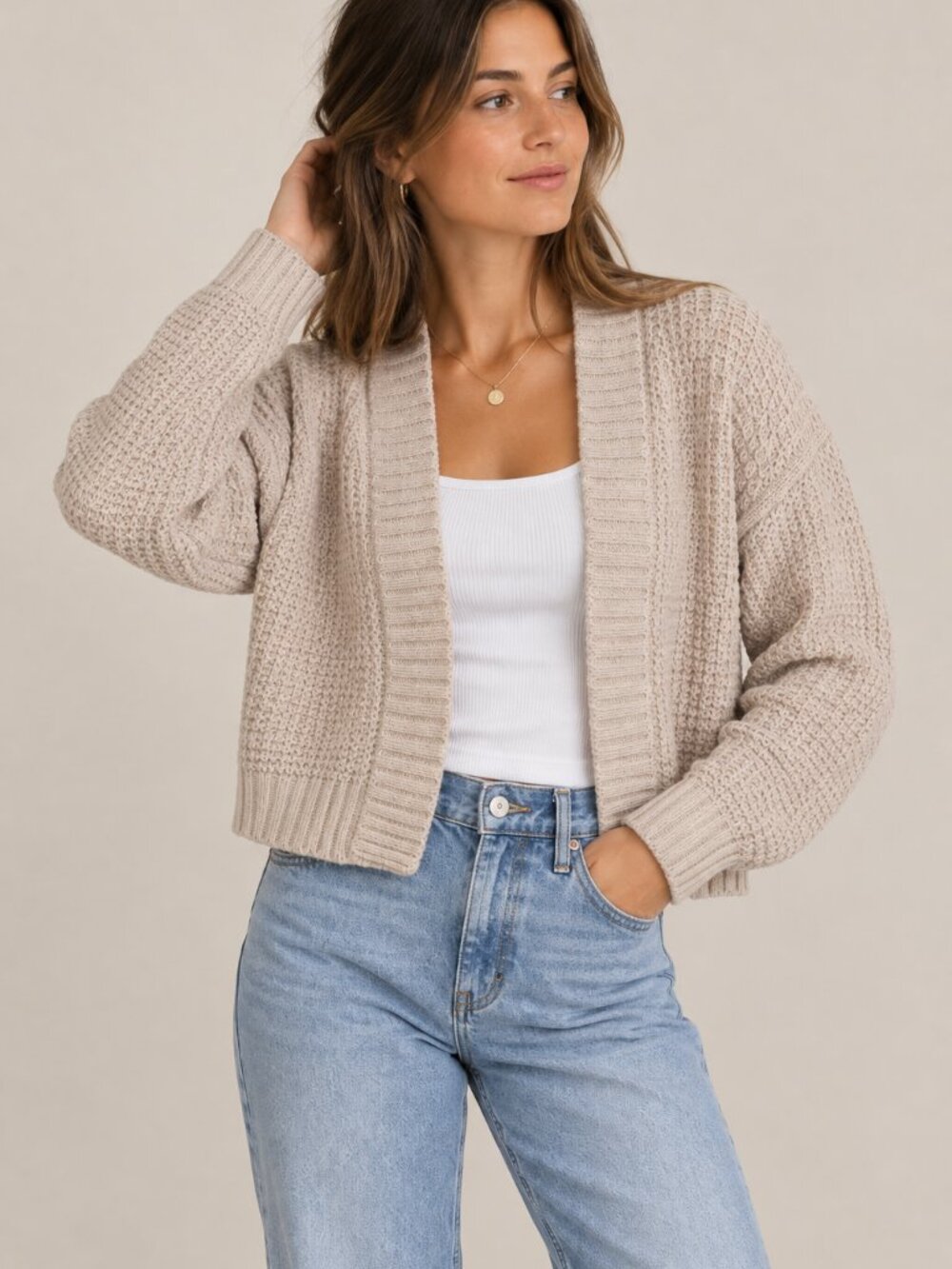 Time and Tru Cardigan Womens M Cream Open Front Chunky Knit Cozy Sweater NWT